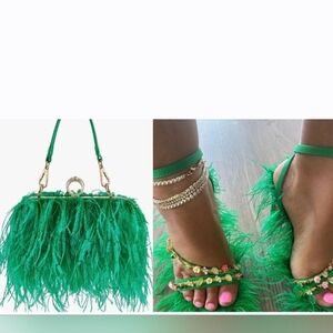 Green Feathered Women's Bag And Shoes